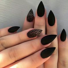 Black lace Black Stiletto Nails, Witchy Nails, Stiletto Nail Art, Elegant Nail Designs, Gothic Nails, Goth Nails, Polish Ideas, Stiletto Nails Designs, Black Nail Designs