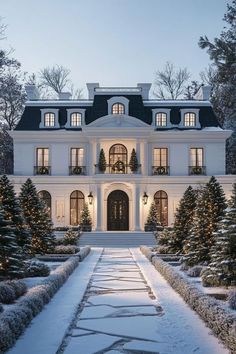 a large white house with lots of trees in the front yard and snow on the ground