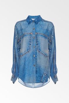 Trendy Denim Blue Blouse With Pockets, Spring Washed Blue Tops With Button Cuffs, Trendy Washed Collared Shirt, Trendy Long Sleeve Washed Shirt, Dark Wash Long Sleeve Shirt For Summer, Dark Wash Long Sleeve Summer Shirt, Trendy Washed Long Sleeve Shirt, Summer Long Sleeve Dark Wash Shirt, Denim Collared Tops With Roll-up Sleeves