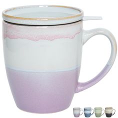 two tone coffee mugs with spoon in the middle and four different colors on them