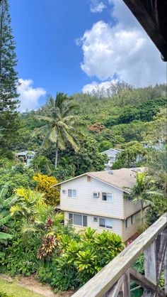 the house is surrounded by tropical trees and greenery, with mountains in the background