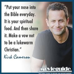 a man is smiling with a quote from kris cannon on his face and the words, put your nose into the bible everyday it is your spiritful food and then share it