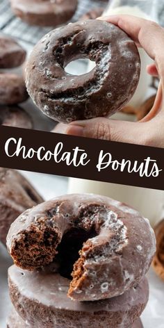 chocolate donuts are stacked on top of each other with the words chocolate donuts above them