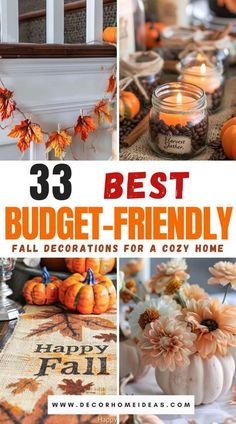 the best budget - friendly fall decorations for a cozy home, including candles and pumpkins