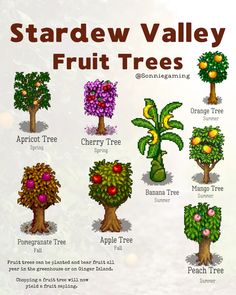 the stardew valley fruit trees are shown in different colors and sizes, with apples on