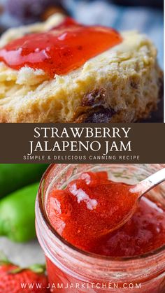 Jalapeño strawberry jam Strawberry Jalapeno Jelly Recipe, Strawberry Jalapeno Jam Recipe, Jelly Without Pectin, Fruit Jelly Recipe, Strawberry Jalapeno Jam, Jalapeno Jelly Recipes, Canning Jam Recipes