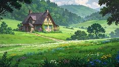 a painting of a house in the middle of a lush green field with flowers and trees