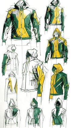 a drawing of different types of jackets with hoods and sleeves, all in green and yellow