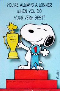 a cartoon character holding up a trophy on top of a red pedestal with the words, you're always a winner when you do your very best