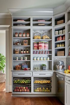 an organized kitchen with lots of food in the pantry and shelves filled with fruit, vegetables, and other items