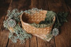 a basket with some plants in it on a wooden floor next to a pine cone