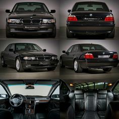 several photographs of the interior and exterior of a black bmw e36 sedan, with its doors open