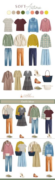 Soft Autumn Outfits Capsule Wardrobe, Clothes Palette, Created Colorful, Autumn Color Palette Fashion, Soft Autumn Palette, Soft Autumn Color Palette, Soft Summer Color Palette, Postpartum Fashion, Style Analysis