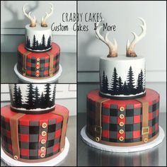 this cake is decorated with red and black plaid, deer antlers, and trees