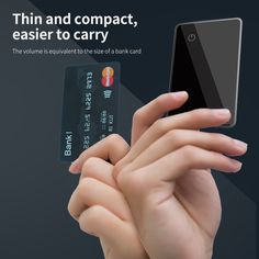 a hand holding a credit card with the text thin and compact, easier to carry