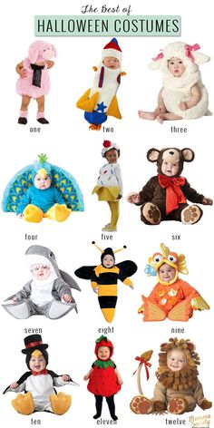 children's halloween costumes with the names and pictures on them, including an infant in a