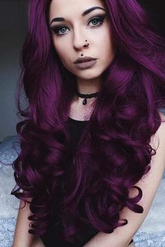 Black Violet Hair, Violet Hair Dye, Dark Plum Hair, Dark Purple Hair Color, Long Purple Hair, Dark Purple Hair, Long Curly Wig