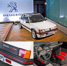 the interior and exterior of an automobile showroom with two pictures of different cars in it