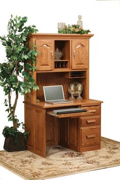 a wooden desk with a laptop on top of it next to a potted plant