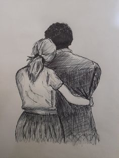 a drawing of two people facing each other with their backs to the camera, one holding his arm around the other's back