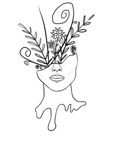 a black and white drawing of a woman's face with flowers in her hair