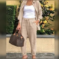 Brand New Receiving Both Pants & Matching Shirt Color: Khaki Stylish, Comfy & Casual Material: Polyester & Linen Measurements Approximately Sleeves Length: 21 1/4 Length (Top) 26 Length (Bottom) 40 1/4 Waist: 30, Hips: 42 1/2 & Bust: 41 3/4 Linen Suits Women, Womens Loungewear Sets, Plus Size Suits, Summer Retro, Two Piece Pants Set, Loose Trousers, Y2k Aesthetic Outfits, Elegante Casual, Soft Cardigan