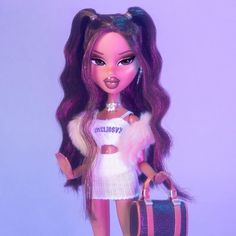 a doll with long hair holding a suitcase