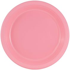 a pink plastic plate is shown on a white background, with the rim slightly down