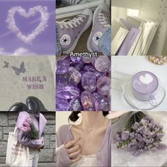 purple and white collage with hearts, flowers, shoes, and other things in the background