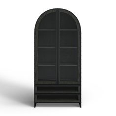 a black bookcase with two shelves on each side and an arched door at the top