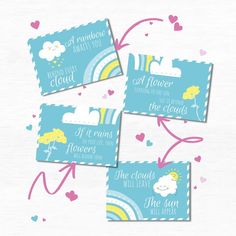 four blue and yellow tickets with clouds, hearts and rainbows on the front one has a pink ribbon that says it's raining cloud