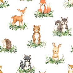 Watercolor Woodland Animals & Botanical Greenery Leaves , Raspberry Creek Fabrics Watercolor Woodland Animals, Woodland Animal Wall Art, Woodland Animals Theme, Watercolor Woodland, Woodland Flowers, Woodland Nursery Theme, Woodland Fox, Tropical Animals, Easy Watercolor