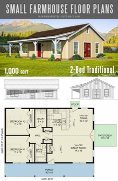 the small house plan is designed to look like it could be built in an open floor plan