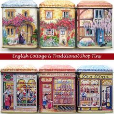 an assortment of english cottage and traditional shop tins in different styles, sizes and colors