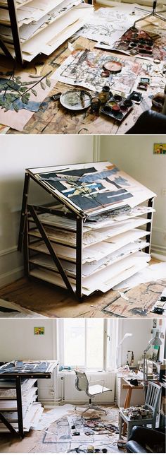 several different pictures of magazines stacked on top of each other in a room with windows