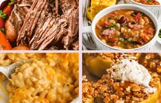 four pictures with different types of food in them