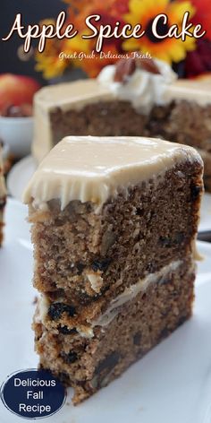 Closeup shot of apple spice cake with bite taken out on white plate with more cake in background. Deserts With Raisins, Apple Raisin Walnut Cake, Apple And Raisin Cake, Apple Raisin Spice Cake, Spice Cake Recipes With Raisins, Raisin Spice Cake Recipes, Apple Walnut Spice Cake, Walnut Spice Cake, Apple Crazy Cake