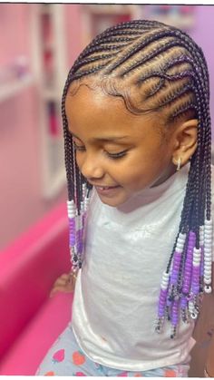 Braids With Purple Beads, Braids With Purple, Lemonade Braids Kids, Curly Mixed Hair, Amazing Hair Styles, Kids Braids With Beads, Baby Girl Hairstyles Curly, Braids Kids, Toddler Braided Hairstyles