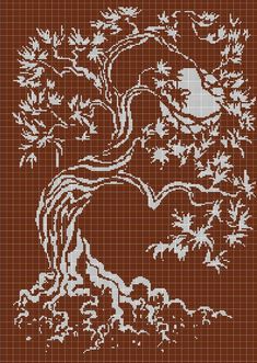 a cross stitch pattern with a tree and birds in the branches on a brown background