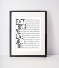 a framed book page with the words forty things we love about you