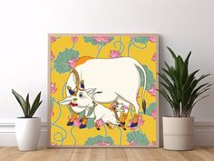 an art print of two cows on a yellow background with pink and green flowers in the foreground