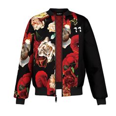 Add some dramatic floral flair to your collection with the Antique Flowers Bomber Jacket, handcrafted aligned for fully edge-to-edge graphics. Our team of resident artists created this block style design with a dark red floral print and chest logo. Winter Red Floral Print Outerwear, Red Floral Print Winter Outerwear, Red Spring Outerwear With Graphic Print, Spring Floral Print Streetwear Outerwear, Floral Print Long Sleeve Outerwear For Streetwear, Sasha Obama Style, Antique Flowers, Red Floral Print, Green Fits