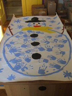 a snowman made out of handprints on a table