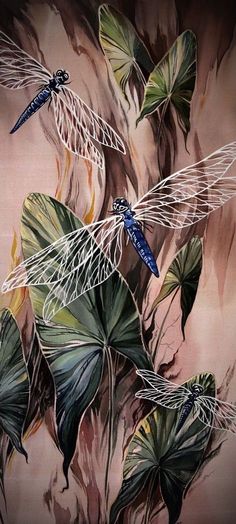 a painting of three dragonflies flying over leaves