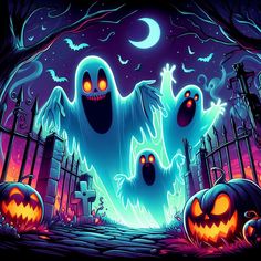 an image of halloween scene with pumpkins and ghost