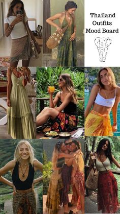 many different pictures of women in skirts and top with the words thailand outfits mood board