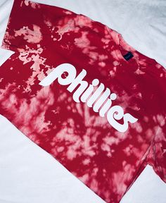 Red bleach dye (tie dye) Phillies tee shirt Casual Hand Dyed Red T-shirt, Casual Red Hand Dyed T-shirt, Casual Red Hand-dyed T-shirt, Red Hand Dyed Short Sleeve T-shirt, Bleach Dye, Tie And Dye, Tee Shirt, Beauty Book, Gender Neutral