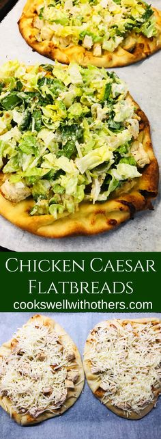 chicken caesar flatbreads with shredded cheese and lettuce on them are ready to be baked