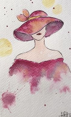 a watercolor painting of a woman wearing a large pink hat with a butterfly on it