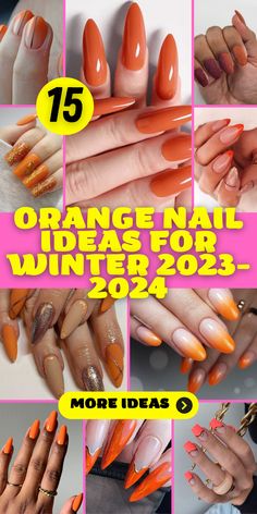 Orange Nail Ideas for Winter 2023-2024 - Bright and Bold: Get ready for bright and bold orange nail ideas for winter 2023-2024. Whether you prefer short square or long stiletto nails, this trend adds a pop of vibrant color to chilly days. Pair neon orange with hot pink or create a stylish contrast with burnt orange. Discover simple yet eye-catching designs that will elevate your winter look. Burnt Orange Nail Designs Fall, Orange Winter Nails, Shades Of Orange Nails, Burnt Orange Ombre Nails Fall, Neon Orange Nail Ideas, Burnt Orange Stiletto Nails, Orangey Red Nails Design, Orange Nail Color, Red And Orange Nails